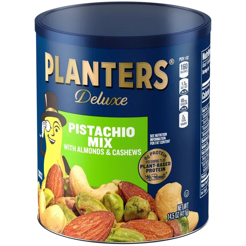 Deluxe Pistachio Mix, Party Snacks, Plant-Based Protein, 14.5 Oz Canister