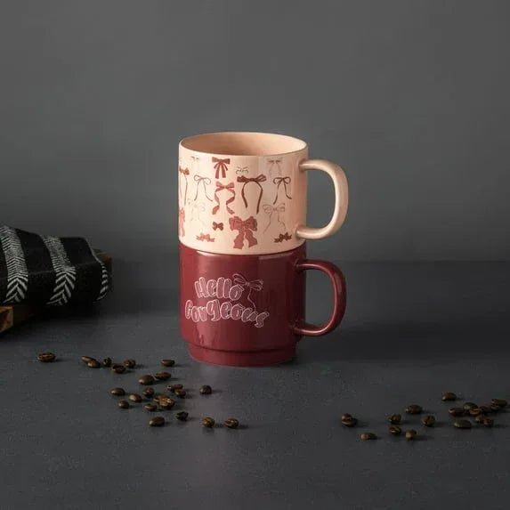 Thyme & Table 2 Pack Stacking Hello Gorgeous and Pink Bows Mugs 14.2 fl oz, Stoneware