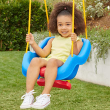 Blue swing with yellow ropes; child seated in red base