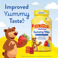 Yellow Lil Critters improved Yummy Taste gummy Vites bottle with strawberry and bear