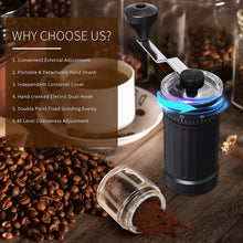 Black coffee grinder with lid and crank, glass jar catching freshly ground coffee