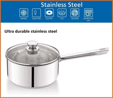 Stainless steel saucepan with clear glass lid and long handle