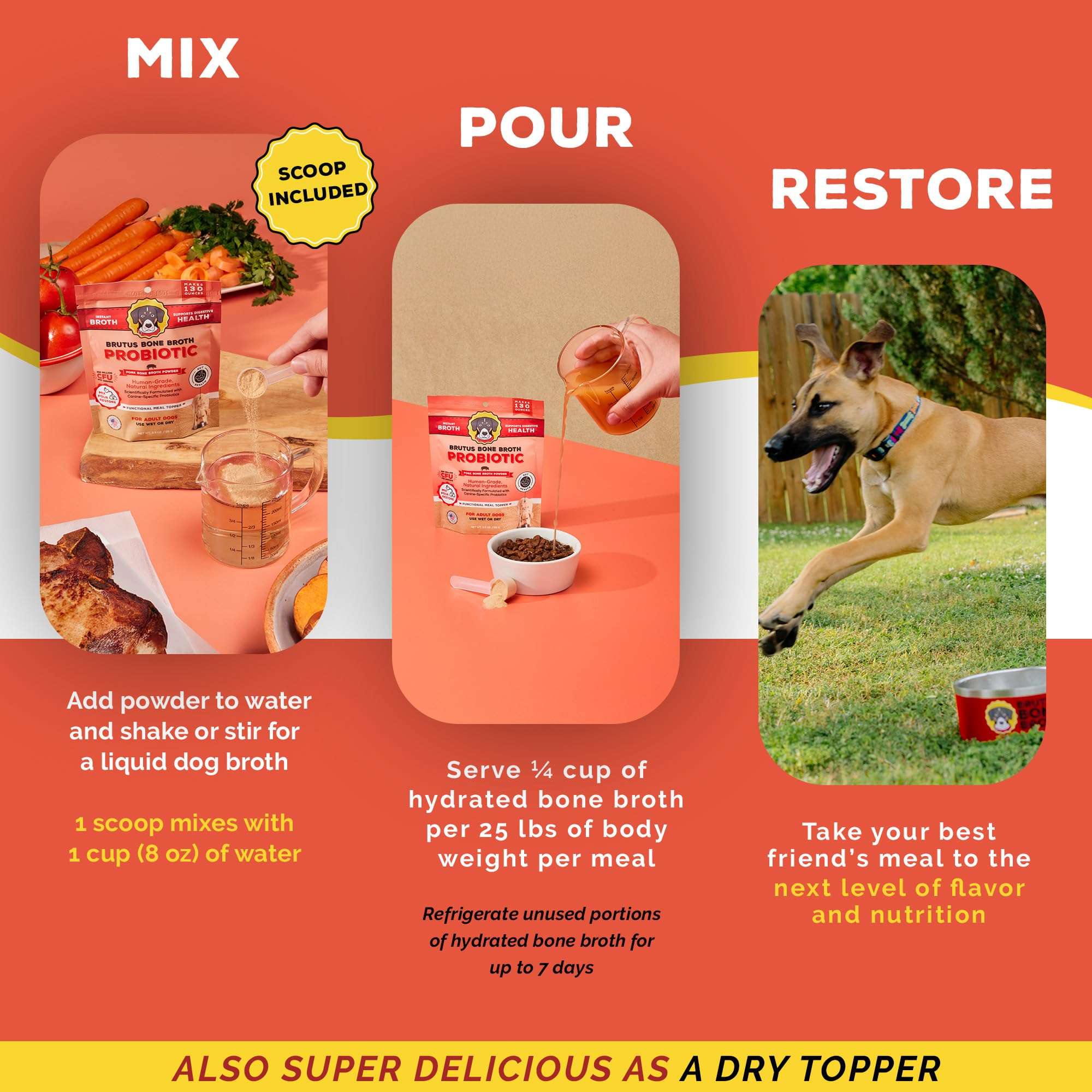 Brutus Bone Broth Probiotic Meal Toppers for Dogs Mega Pack (Pork) - Pet Food Topper - Bone Broth Powder Fortified - Pet Safe Human Grade Dog Food Topper - Makes Up to 130 Liquid Oz