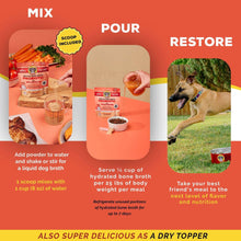 Probiotic bone broth dog topper pouch with mix, pour, and restore serving steps
