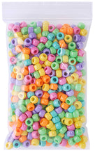 Clear reclosable bag filled with colorful plastic beads, white zip seal at top