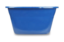 Blue high-sided cat litter box viewed from front with tall side walls