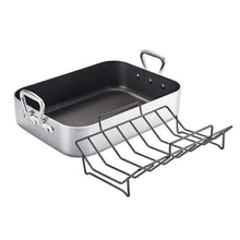 Polished aluminum roasting pan with nonstick interior and matching metal rack