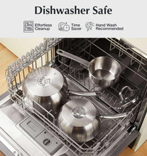 Stainless steel pots in open dishwasher rack with lids, easy to clean set.