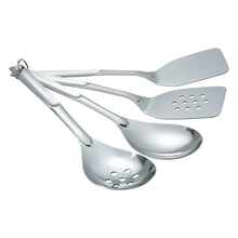 Stainless steel utensil set with long handles and perforated tool heads