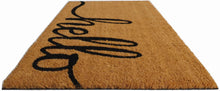 Coir hello doormat close-up, black 'hello' typography on tan