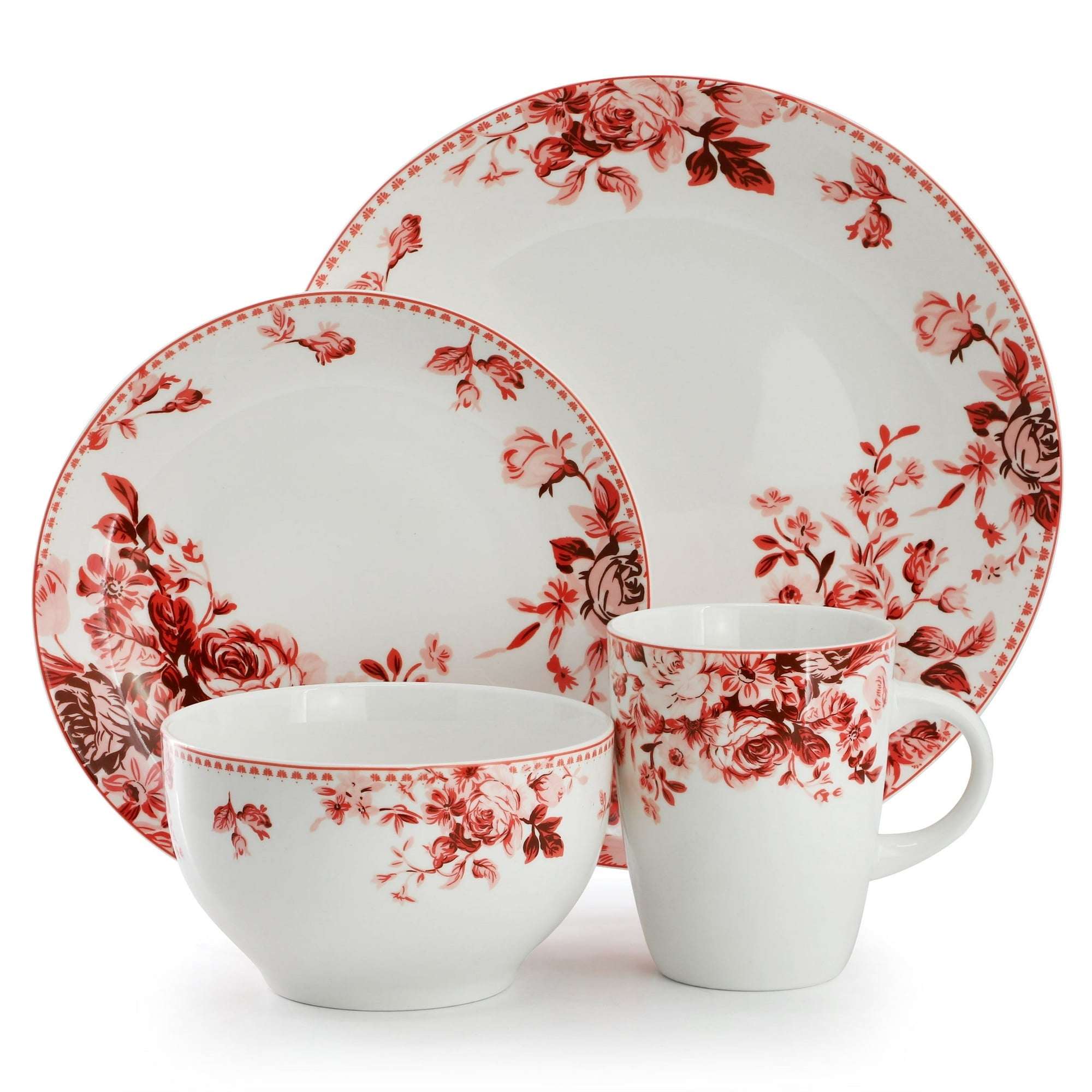 Elama Traditional Red Rose 16 Piece Stoneware Dinnerware Set