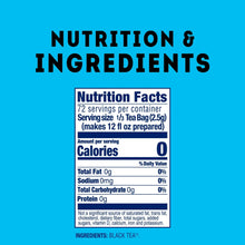 Nutrition facts for black tea: 0 calories; ingredients: black tea