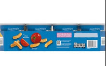 Baby snack variety pack carton back, shows cracker images and barcode labels