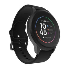 Black round smartwatch with curved display and silicone strap, fitness-style watch face