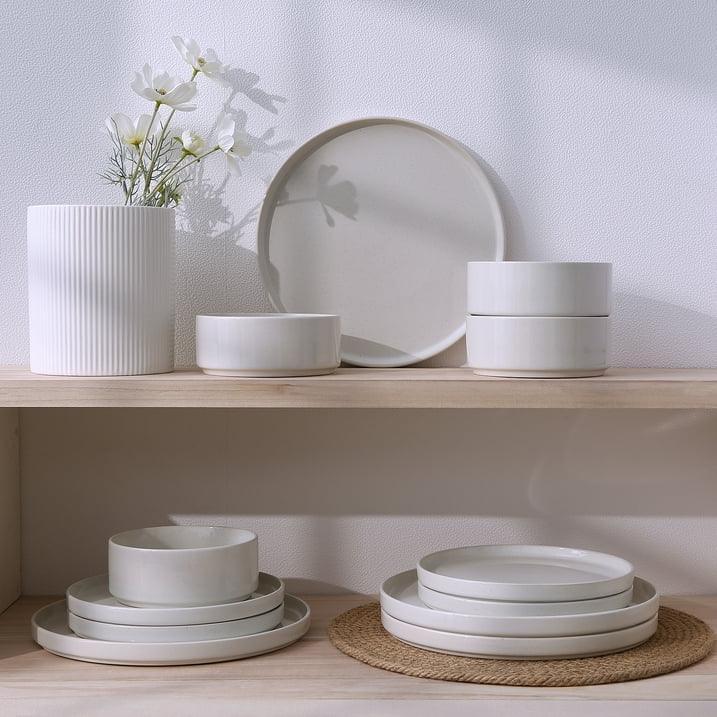 Famiware 12-Piece Stoneware Dinnerware Set with Plates & Bowls for 4, White