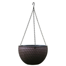Self-watering hanging planter with chain hanger and textured hex pattern, dark basket