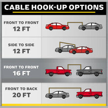 Booster cable hookup options chart showing 12 ft, 16 ft, and 20 ft connections