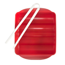 Red microwave ramen cooker tray with two white chopsticks, close-up