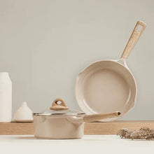 Small ceramic pot and frying pan set with wooden-style handles