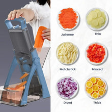 Blue mandoline slicer with clear container, plus sliced vegetable shapes