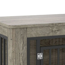 Dog crate furniture corner with gray wood top and black metal bar grid