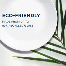 White glass dinner plate with 'ECO-FRIENDLY' and '80% RECYCLED GLASS' text