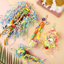Bird shredding toy set with three hanging baskets, beads, and long colorful shredded ribbons