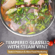 Glass lid with steam vent on stainless steel pot over cooking food
