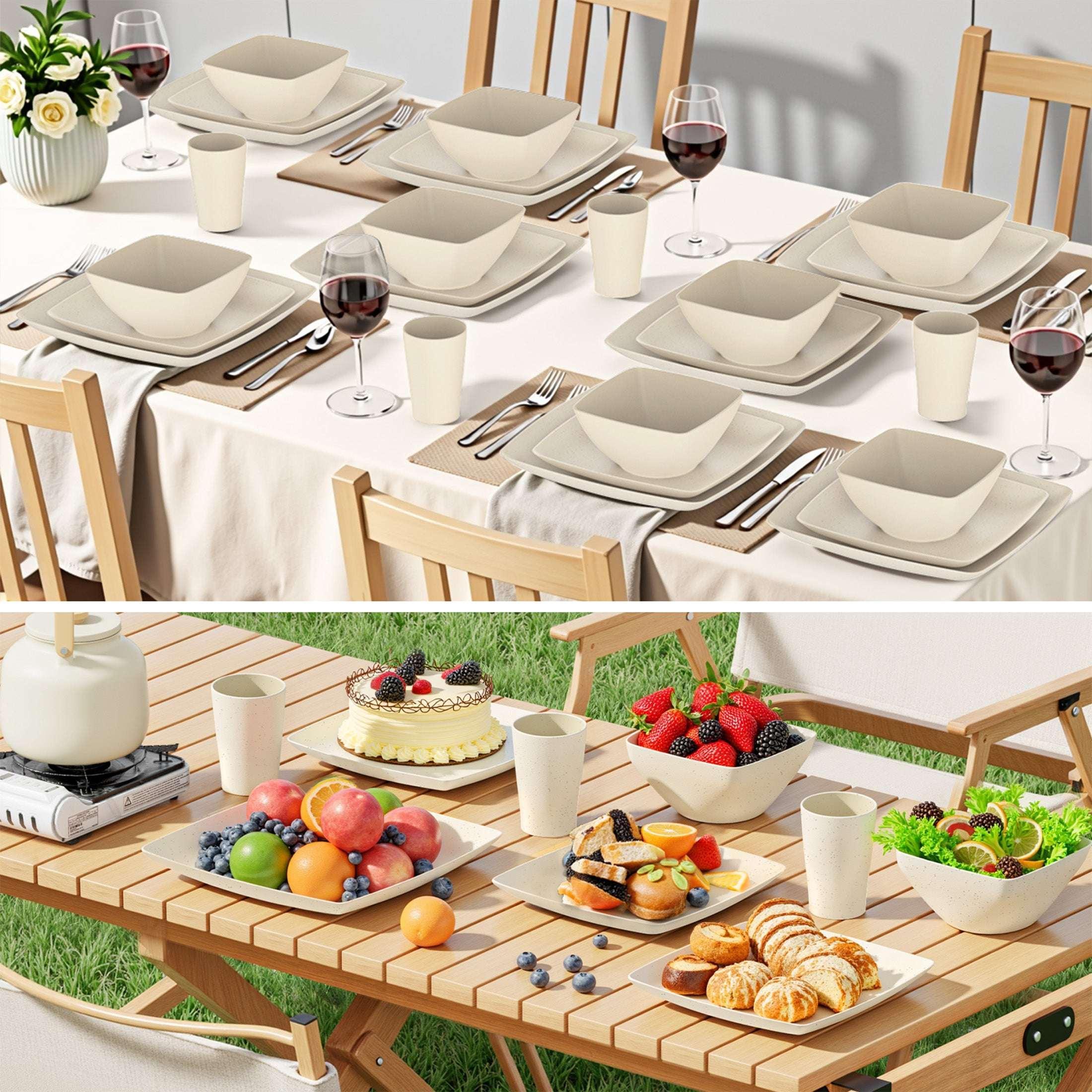GPED 32 Pcs Wheat Straw Square Dinnerware Sets For 6, Unbreakable Dish Sets, Reusable Plates and Bowls Sets, Dinner Plates, Travel Camping Cutlery Set, Dishwasher Microwave Safe, Beige