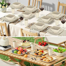Beige square wheat straw dinnerware set on dining table with plates, bowls, and cups