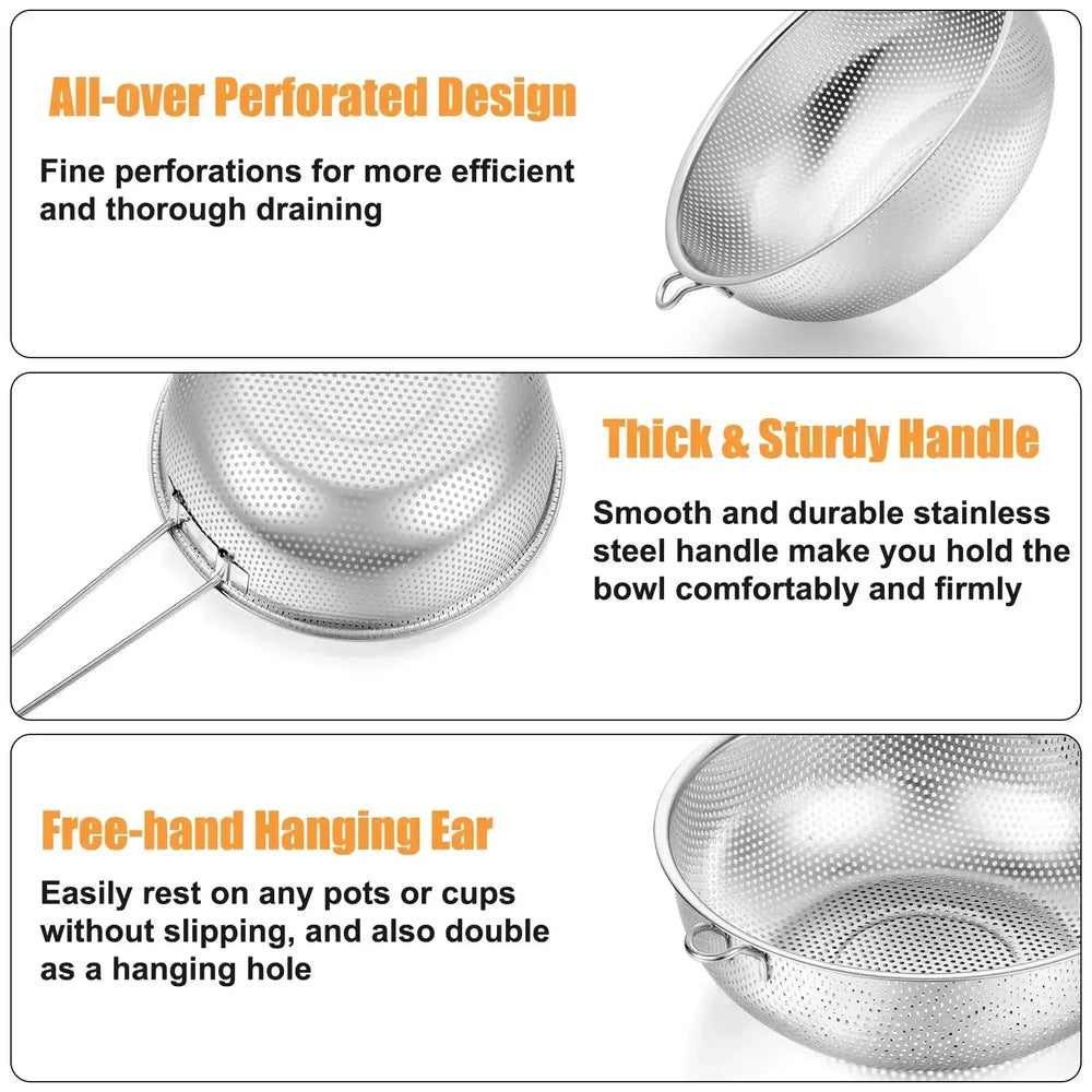 VeSteel Colander Set of 3, Stainless Steel Micro-Perforated Colanders Strainers for Draining Rinsing Washing, Ideal for Pasta Vegetables Fruits, Heavy Duty & Dishwasher Safe - USA MEGA SHOP
