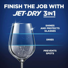 Finish Jet-Dry 3-in-1 rinse aid bottle with blue cap, designed for drying and protection.
