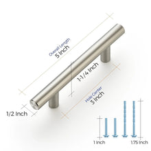 Brushed nickel bar cabinet pulls with 3 in center hole spacing and labeled measurements