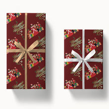 Burgundy holiday wrapping paper with Santa, gifts, and lettering, shown on wrapped presents.