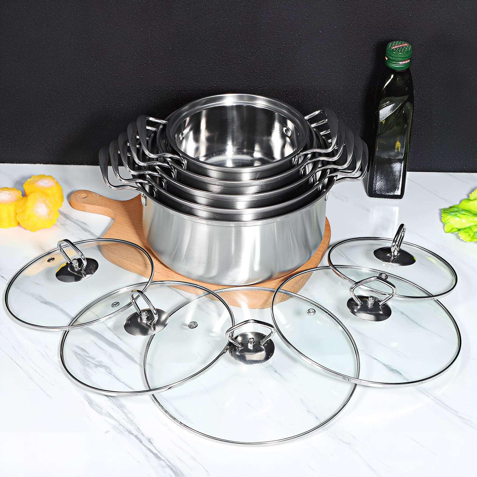 Large Pot,5 Sets Stockpots Stainless Steel Soup Pots Kitchen Cookware Set Induction Pots with Glass Lids