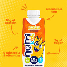 Nurri Kids chocolate milk shake carton with resealable cap and 10g protein label