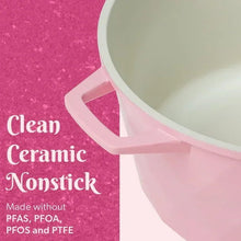 Pink ceramic nonstick Dutch oven pot with loop handle and faceted sides