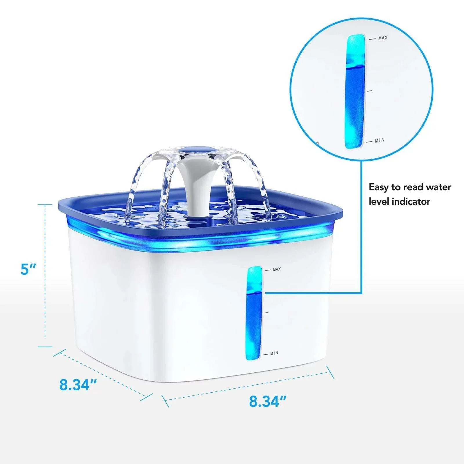 Ophanie 95oz/2.8L Pet Fountain with Anti-slip Mat & Replacement Filters, Automatic Cat Water Fountain Dog Water Dispenser, White & Blue - USA MEGA SHOP