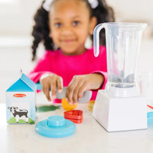 Wooden smoothie maker blender set with blender, cups, and toy food blocks