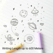 Purple gel pen with space doodle icons on a lined notebook page