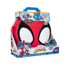 Action launch carry case toy box with red Spider face and two vehicle display trays