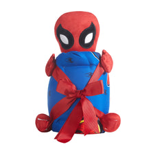 Huggable Spiderman plush slumber bag with red bow and blue wrap opening