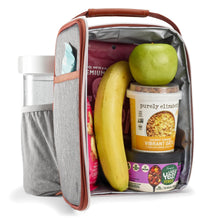 Gray insulated lunch bag open, showing packaged food and a bottle inside