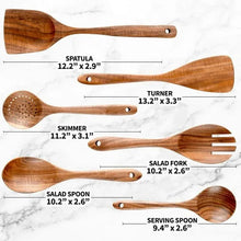 Wooden cooking utensil set: spatula, turner, skimmer, salad fork, salad spoon, serving spoon