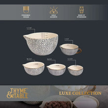 Ceramic mixing and measuring bowl set, black dot pattern, stackable design