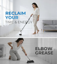 White cordless spin scrubber with long handle being used on a tiled floor