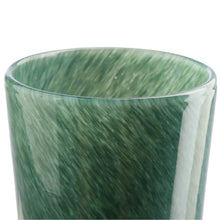Green mottled glass vase mouth and upper neck with white vertical swirls