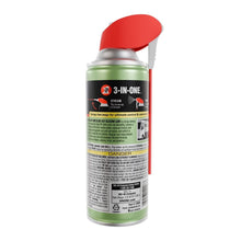 RV silicone lubricant spray can back label view, red nozzle, green can body