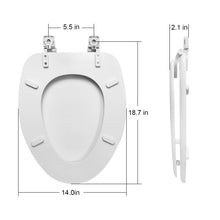 Elongated toilet seat with size diagram and side hinge depth callout