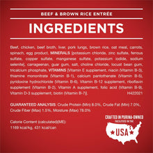 Ingredients panel for Purina ONE beef & brown rice entrée wet dog food